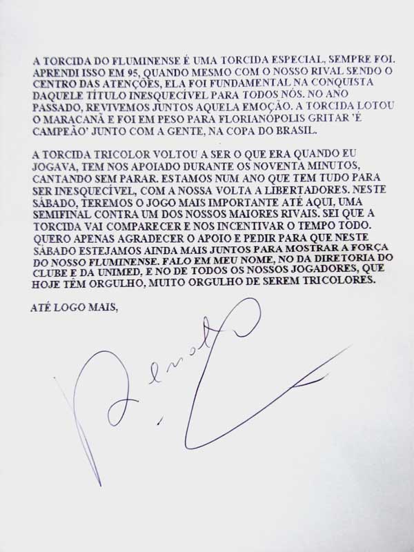 Carta de Renato Gaúcho à torcida do Fluminense
